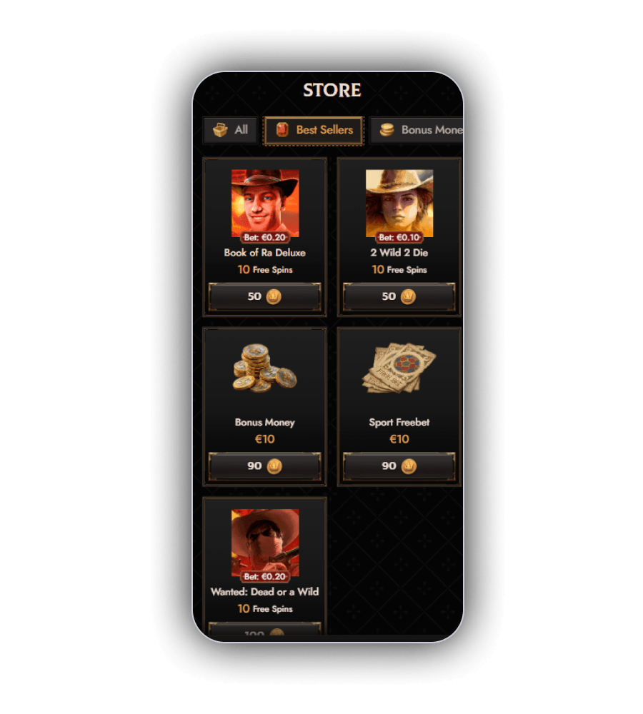Crusado Casino bonus shop screen showing coin balances alongside items redeemable against the loyalty economy