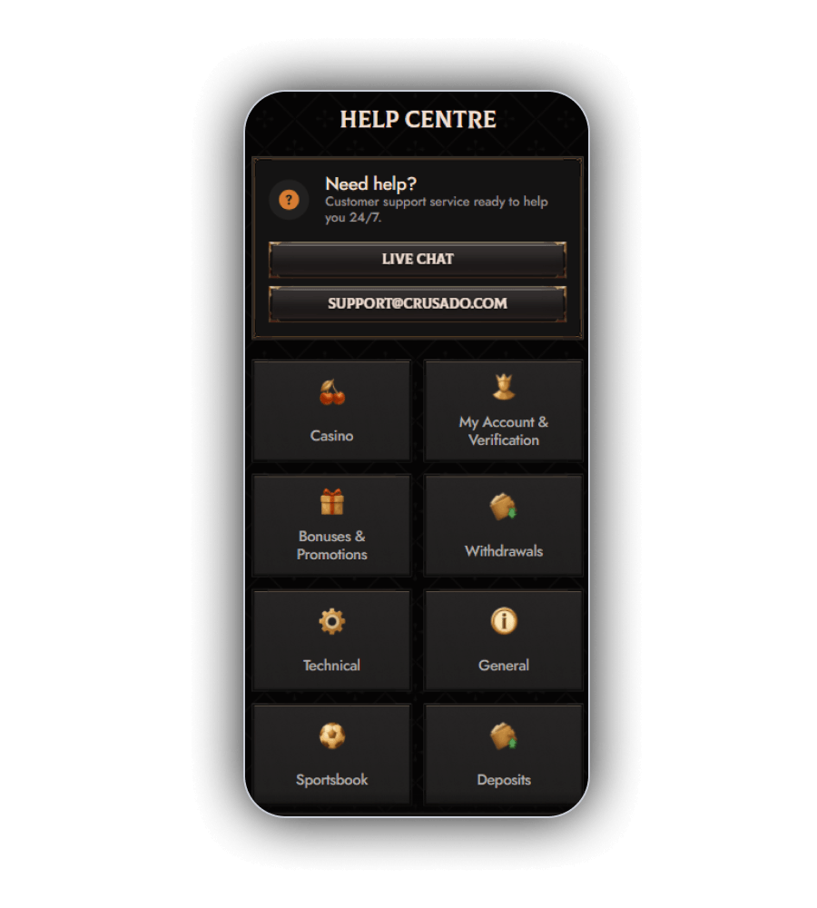 Crusado Casino contact page with the live chat bubble, a support email address and links to help centre articles