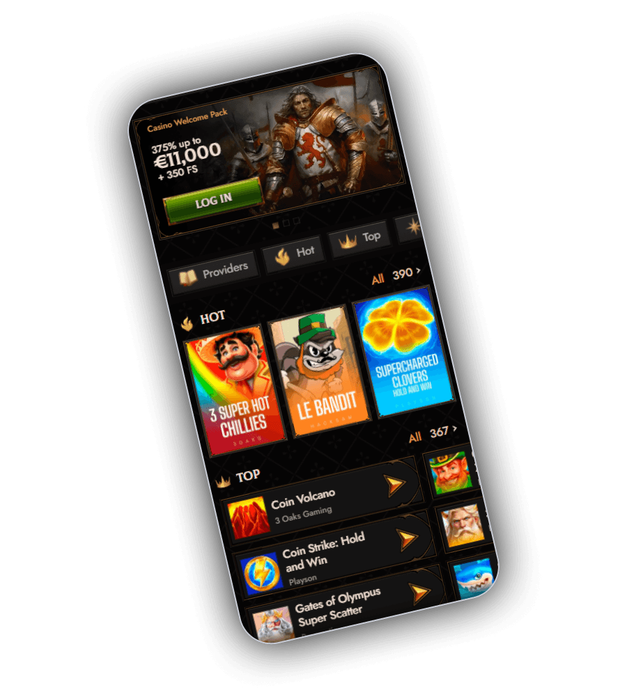 Crusado Casino lobby screen with the welcome pack banner across the top and a slots row underneath