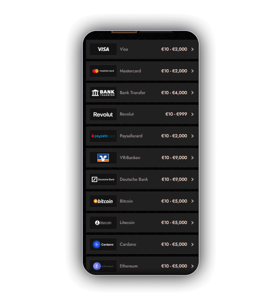 Crusado Casino cashier page listing the twelve deposit and withdrawal routes across cards, wallets and crypto