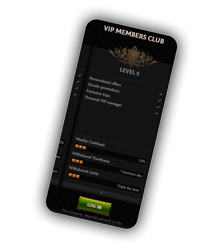 Crusado Casino VIP ladder page showing five loyalty levels and their reduced cashback wagering rules